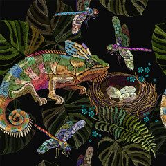  Chameleon lizard, colorful dragonflies, fern and bird nest. Seamless pattern. Embroidery. Jungle forest template for design of clothes