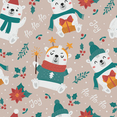 Wall Mural - Christmas seamless pattern with cute white bears.