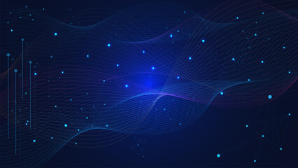 Poster - Abstract glowing particles with molecular structure and wave flow. Network connection, chemistry, communication, science and technology background.