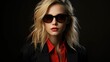 © Wirestock - An AI illustration of a blond woman wearing black and red lipstick and sunglasses, on a black backgr