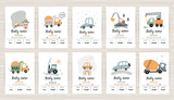 Fototapeta Dinusie - Set of baby shower invitation templates with cars.