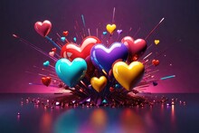 Colorful 3d Heart Shapes Creative Background, Horizontal Composition
