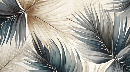 Poster -  a close up of a wallpaper with a pattern of palm leaves in shades of blue, beige and white.  generative ai