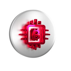 Poster - Red CPU mining farm icon isolated on transparent background. Bitcoin sign inside processor. Cryptocurrency mining community. Digital money. Silver circle button.