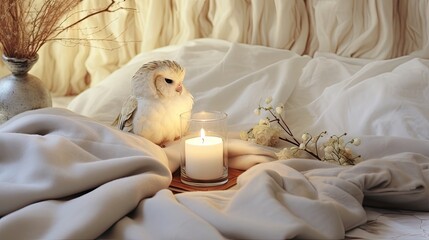 Sticker -  an owl sitting on top of a bed next to a candle and a vase with a twig in it.  generative ai