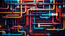 Pipes Of Various Colors Are Tangled That Are Attached To The Wall. All Well Connected. 3D Graphic Background Design.