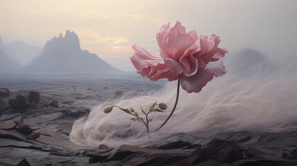 Sticker -  a pink flower sitting on top of a pile of rocks in the middle of a barren area with mountains in the background.  generative ai