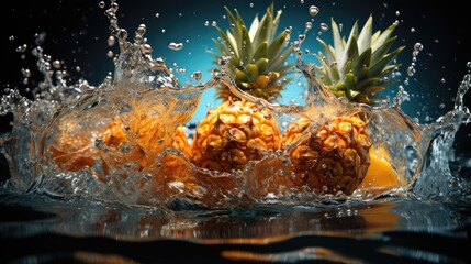 Wall Mural -  a group of pineapples splashing into the water with a splash of water on the top of them.  generative ai