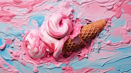 Wall Mural -  a couple of ice cream cones sitting on top of a blue and pink liquid covered surface with pink swirls.  generative ai