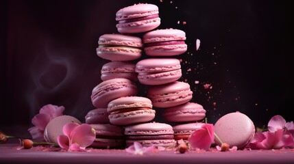 Sticker -  a stack of pink macaroons sitting on top of a table next to a pile of pink macaroons.  generative ai