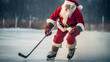 © Stanislav - Santa in a red suit plays hockey on an outdoor skating rink