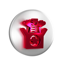 Wall Mural - Red Jack in the box toy icon isolated on transparent background. Jester out of the box. Silver circle button.