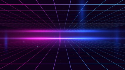 Poster - Universe Retro Futuristic 80's Background 4K. Synthwave wireframe net grid. Abstract digital background. 80s, 90s Retro futurism, Retro wave cyber grid. Deep space surfaces. Neon glow particles