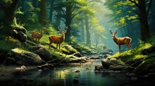  A Painting Of Three Deer Standing In A Forest Next To A Stream With Rocks In The Foreground And Trees In The Background.  Generative Ai
