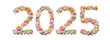 Flowers number 2025 made of colorful flowers on white. Floral numbers. Merry Christmas and Happy New Year 2025. Banner