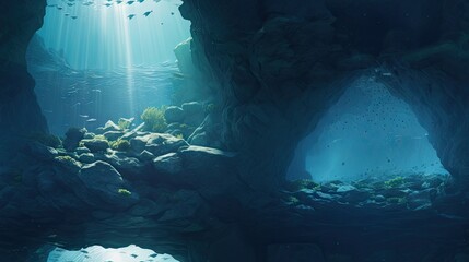 Sticker -  an underwater scene of a cave with rocks and rocks in the water and sunlight coming from the water's surface.  generative ai