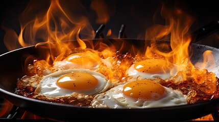 Poster -  three eggs frying in a frying pan on a stove with flames in the middle of the frying pan.  generative ai