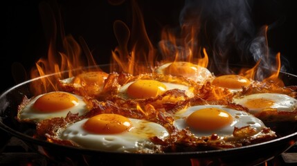 Poster -  a frying pan filled with fried eggs on top of a flamed pan of hot coals on a stove.  generative ai