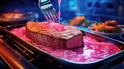 Sticker -  a fork sticking out of a piece of steak on a pan of pink liquid with a bowl of vegetables in the background.  generative ai