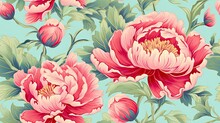  A Bunch Of Pink Flowers With Green Leaves On A Light Blue Background With Green Leaves And Pink Flowers On A Light Blue Background.  Generative Ai