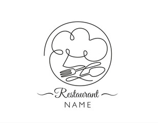 Sticker - Continuous one single line drawing of fork, knife, bottle of wine, glass and chef hat or cap . Menu food design. Illustration with quote template. Can used for menu restaurant sketch