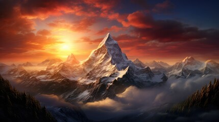 Sticker -  a painting of a mountain range with the sun setting in the middle of the mountain and clouds in the sky.  generative ai