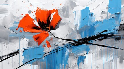 Poster -  a painting of a red flower on a blue and white background with black and white lines and paint splatters.  generative ai