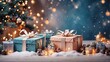 Christmas background with gift boxes with bows in delicate pink, beige, blue tones, bokeh and fairy light. Festive mood Christmas and New Year
