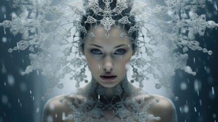 Poster -  a woman with snowflakes on her head and a snowflake on her head in front of her face.  generative ai