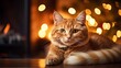 A red cat basks by the fireplace in a room decorated for Christmas with a Christmas tree and garlands, warm light, generated id