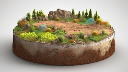 Earth land Soil layers 3D Illustration round soil ground cross section float landscape fantasy floating island.