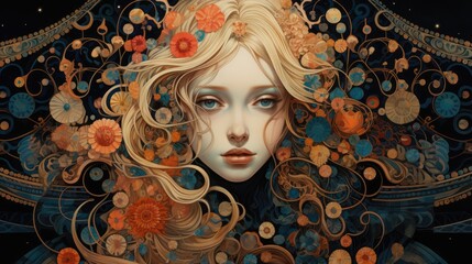 Poster -  a painting of a woman with long blonde hair and flowers on her head, surrounded by circles and swirls.  generative ai