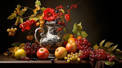 Wall Mural -  a painting of a vase of flowers, apples, grapes, grapes, and a bunch of fruit on a table.  generative ai