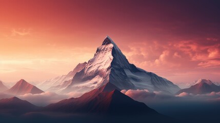 Sticker -  a very tall mountain in the middle of the sky with a red sky in the back ground and clouds in the foreground.  generative ai