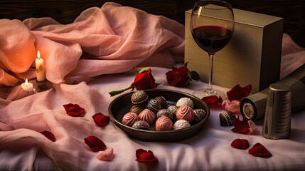 Poster -  a table topped with a bowl of chocolates next to a bottle of wine and a glass of red wine.  generative ai