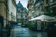 Streets of the old town of Bucharest, Romania on a rainy day
