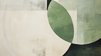 Poster -  an abstract painting with a green circle and a white circle on the right side of the painting and a black circle on the left side of the painting.