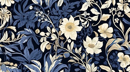 Sticker -  a blue and yellow floral wallpaper with leaves and flowers on a dark blue background with white and yellow flowers. 