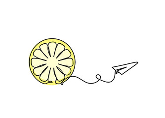 Wall Mural - Color drawing line lemon with paper plane on the white