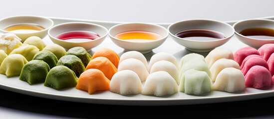in the background of the pristine white plate a colorful array of delicious japanese food was on dis