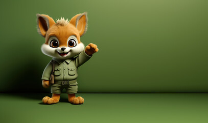 Wall Mural - cute cartoon character happy fox points paw at copy space on an green isolated background