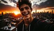 smiling young man standing on rooftop top over city skyline at sunset