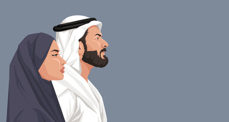 Wall Mural - Arabian man and woman side portrait, traditional muslim female and male character. Saudi national wear. Islamic young family. Beard and mustache. Lovely couple. Vector illustration