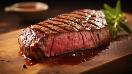 Wall Mural -  a piece of steak sitting on top of a wooden cutting board next to a small bowl of ketchup.  generative ai