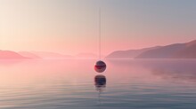  A Red And White Buoy Floating In The Middle Of A Large Body Of Water With Mountains In The Background.  Generative Ai