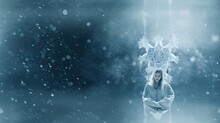  A Woman Is Standing In The Snow With A Snowflake On Her Head And A Cross Above Her Head.  Generative Ai