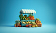 © Fox_Dsign - stand de vente de fruits et légumes, style rendu 3D, fond bleu