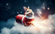 A rabbit flaying in a rocket wishes Christmas every people