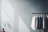 Fototapeta  - A clean and stylish clothes rack that displays a variety of fashionable clothing in a well-organized space.