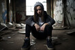 Upset teenage girl sitting on floor in abandoned house. Generative AI